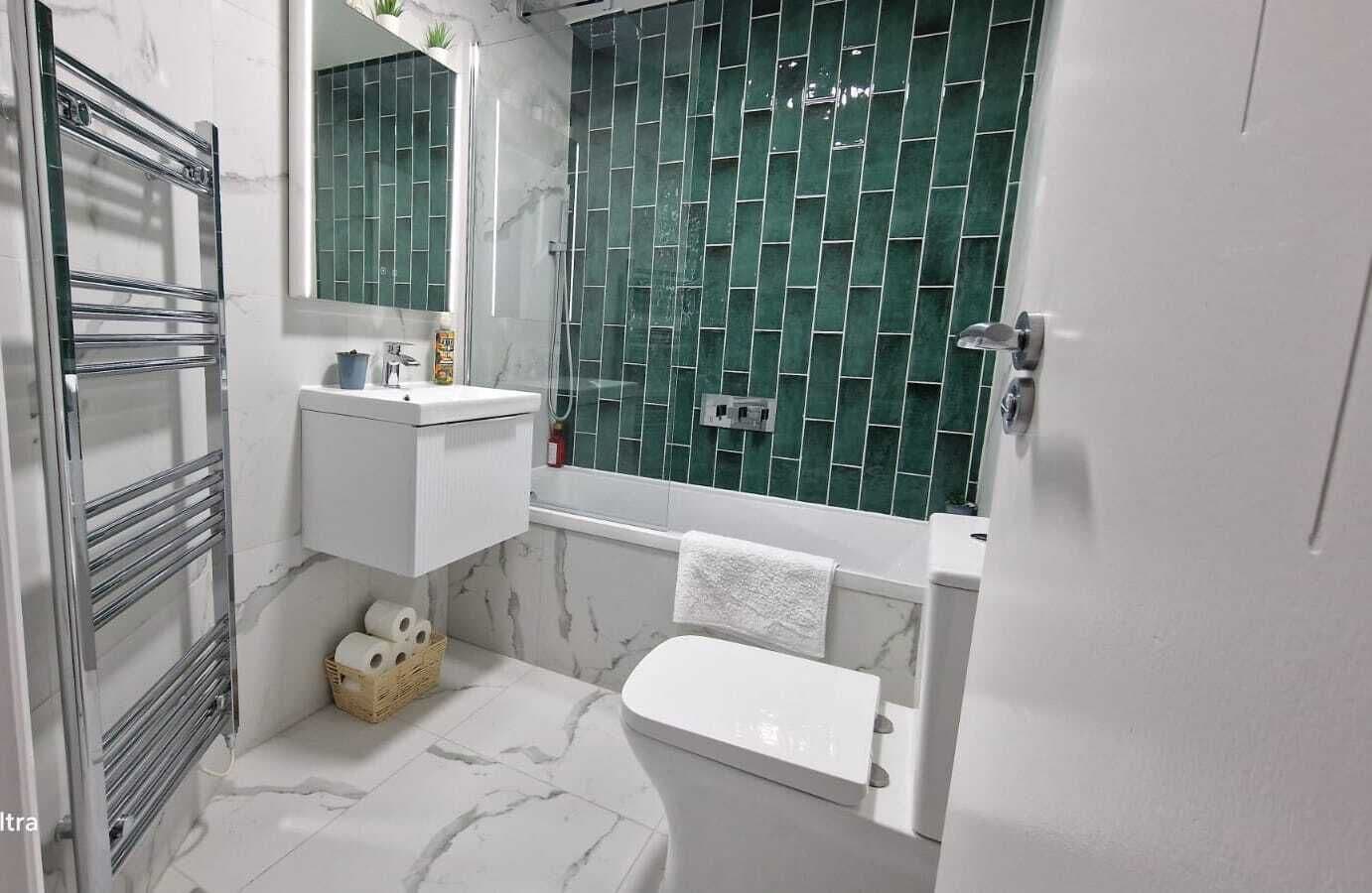 Hair dryer, towels, soap, toilet paper