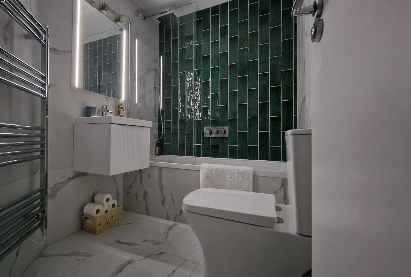 Hair dryer, towels, soap, toilet paper