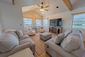 TV connectée, cheminée, livres