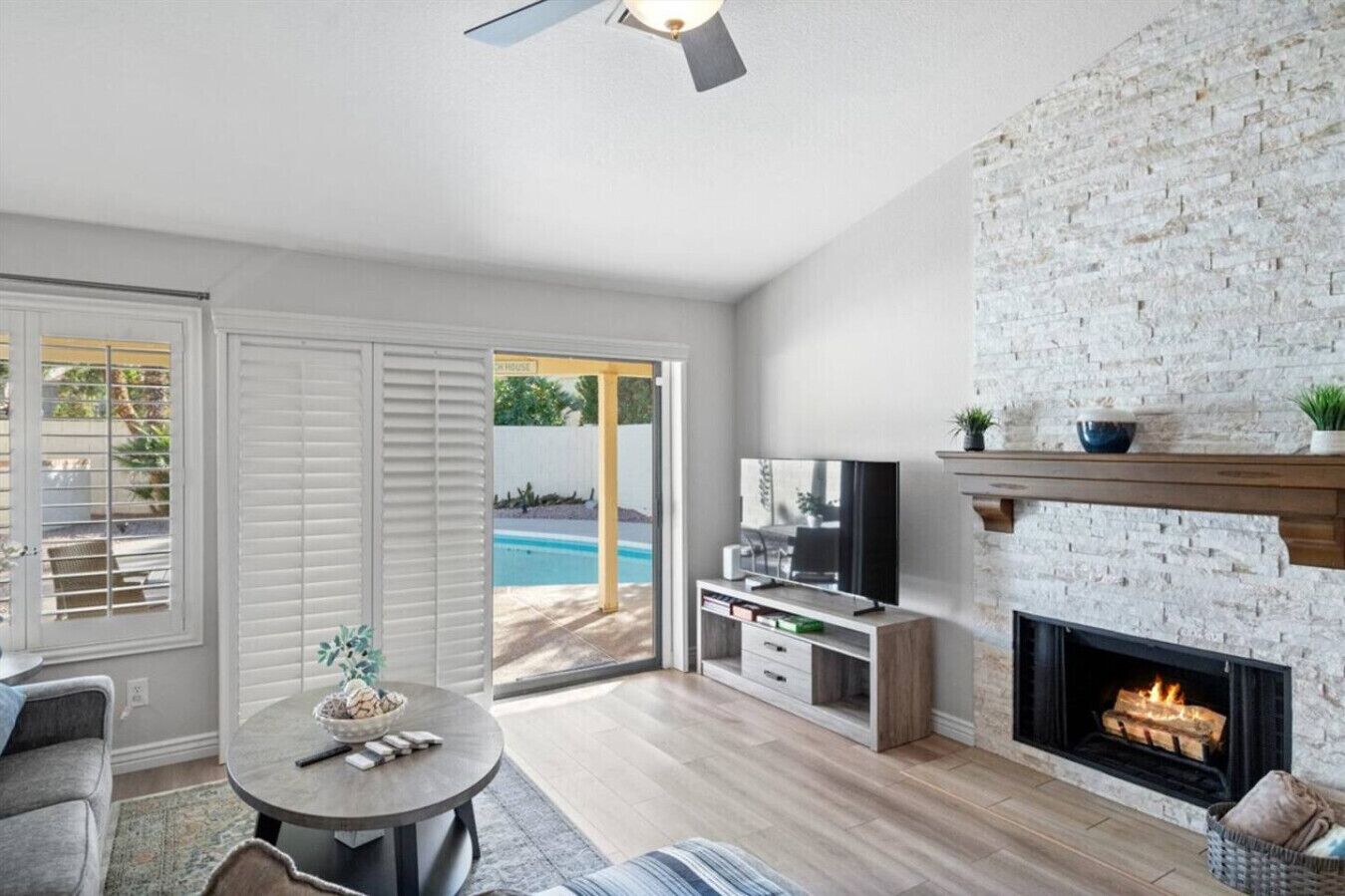 Smart TV, fireplace, foosball