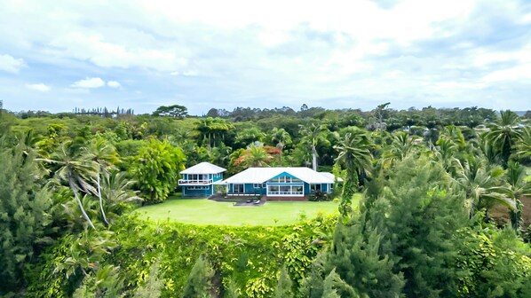 A tropical resort with two blue buildings surrounded by lush greenery and palm trees.