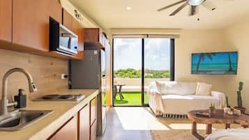 Studio Junior, 1 trÚs grand lit et 1 canapé-lit, réfrigérateur, vue golf | Cuisine privée