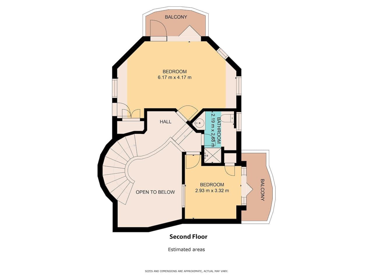 Plano de planta del segundo piso con dos dormitorios, un vestíbulo, un baño y un balcón.