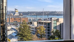 A view of a marina with boats, a bridge in the background, and a hotel named "Park Hyatt" with a modern design.