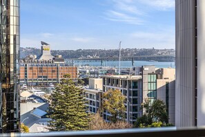 Une vue d’une marina avec des bateaux, un pont en arrière-plan et un hôtel appelé « Park Hyatt », doté d’une architecture moderne.