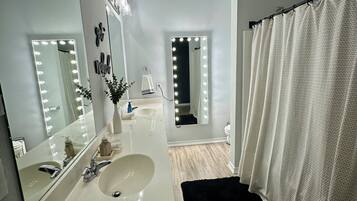 Hair dryer, towels, soap, shampoo