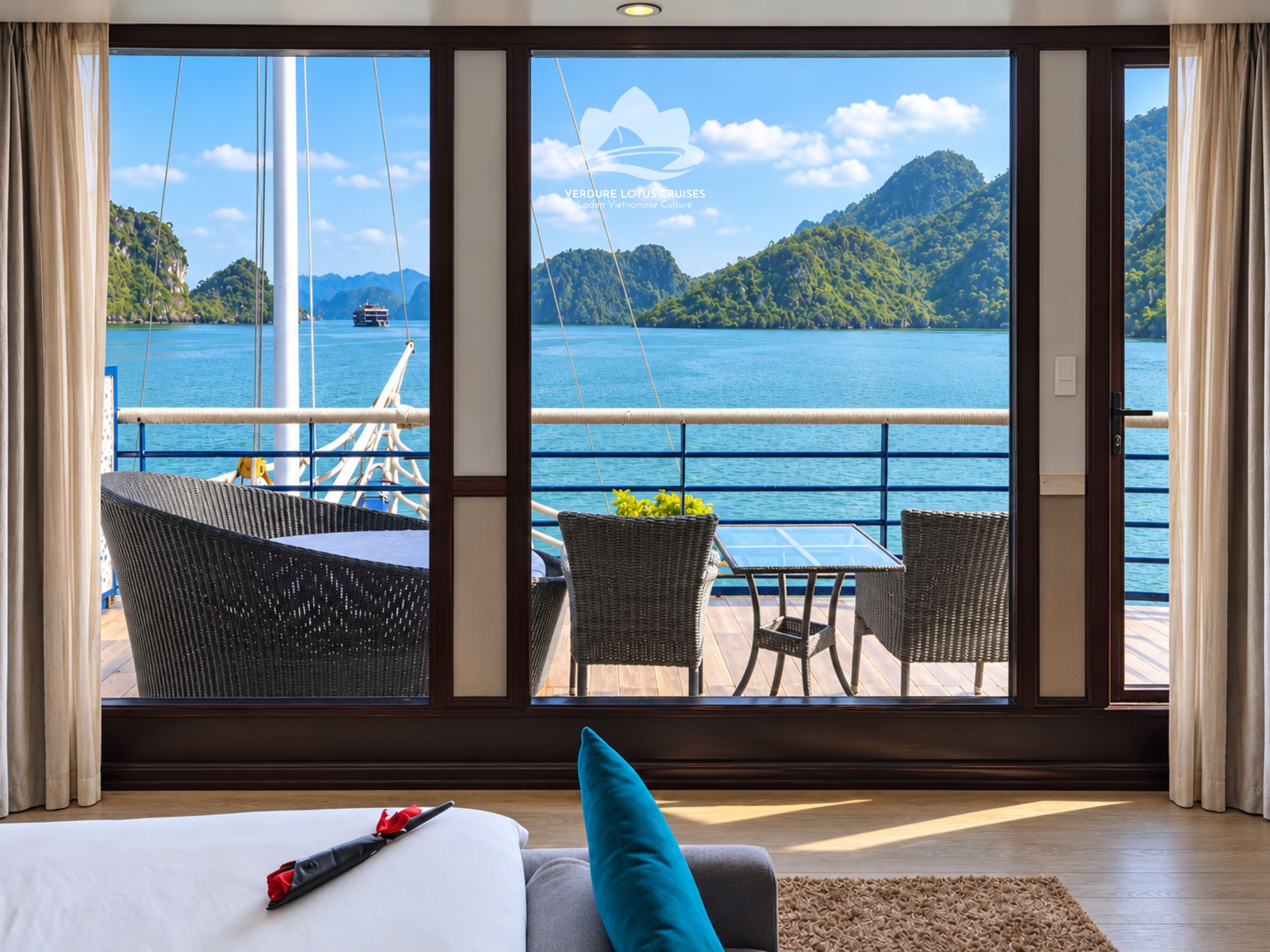 A room with a large window offering a view of a body of water and mountains.
