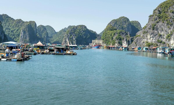 A coastal village with boats docked along the shore, surrounded by steep cliffs. - Verdure Lotus Classic Cruise on Lan Ha Bay (Tuan Chau)