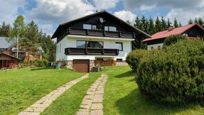 A two-story house with a stone pathway leading to the entrance, surrounded by greenery and trees. - Vacation home Burger by Interhome (Harrachov)