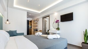 A modern hotel room with a large bed, a bedside table, a TV, a wardrobe, and a potted plant.