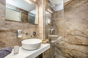 Chuveiro, secador de cabelo, toalhas de banho 