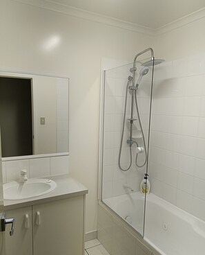 Hair dryer, towels, soap, toilet paper