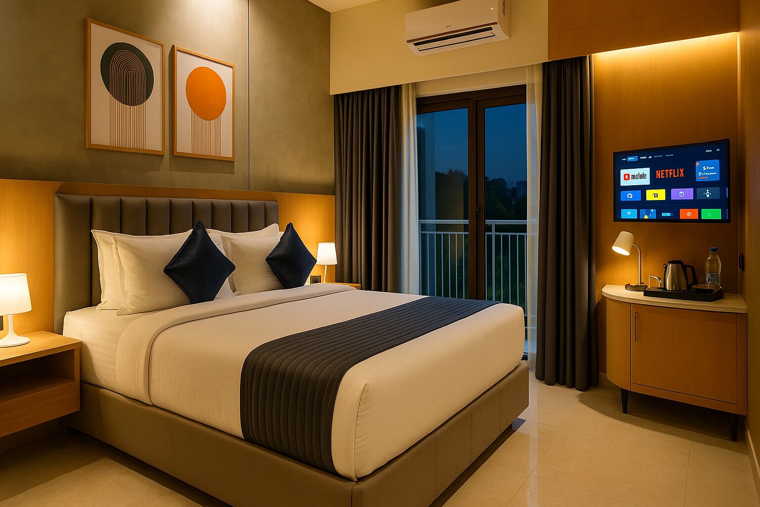 Desk, laptop workspace, free WiFi, bed sheets