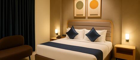 Desk, laptop workspace, free WiFi, bed sheets