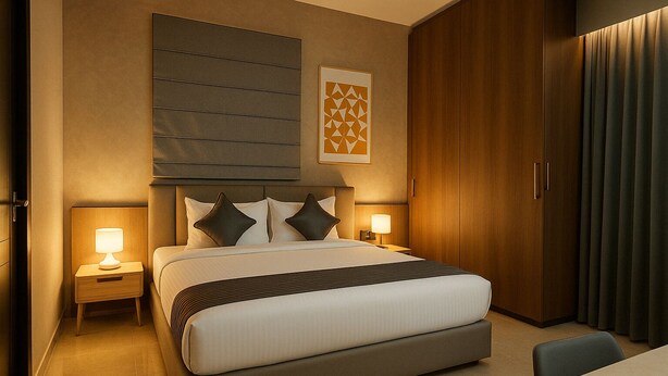 A modern hotel room with a large bed, two bedside tables with lamps, a wooden wardrobe, and a framed abstract artwork on the wall. - Dlite Rivera  (Bengaluru)