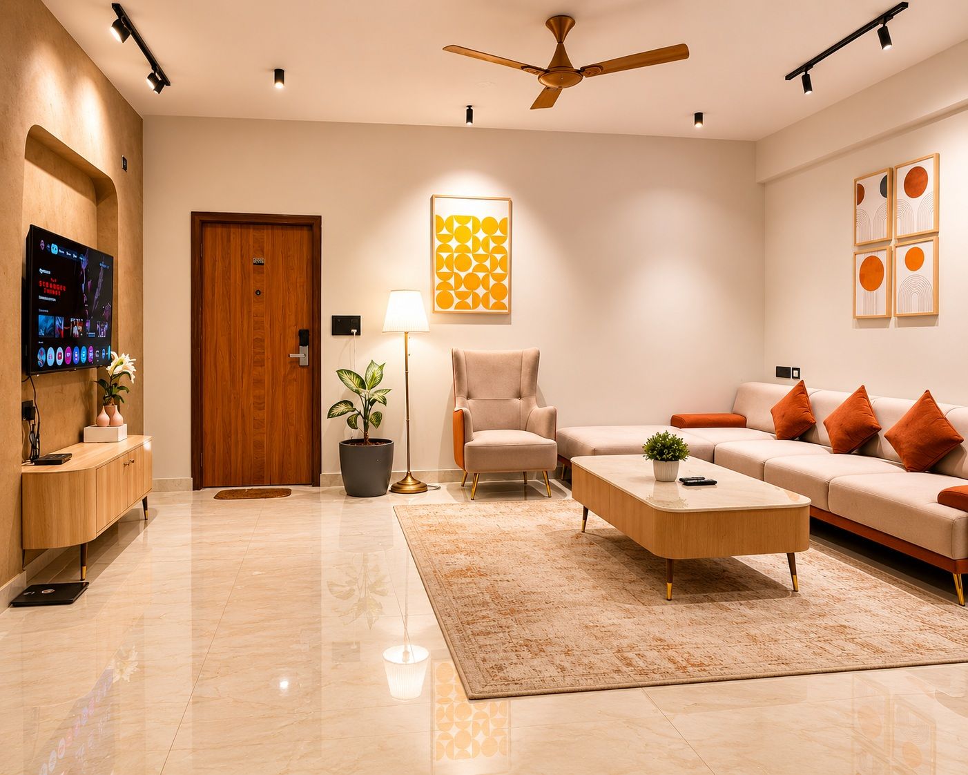 A modern living room with a flat-screen TV, a ceiling fan, a sofa set, a coffee table, and a potted plant.