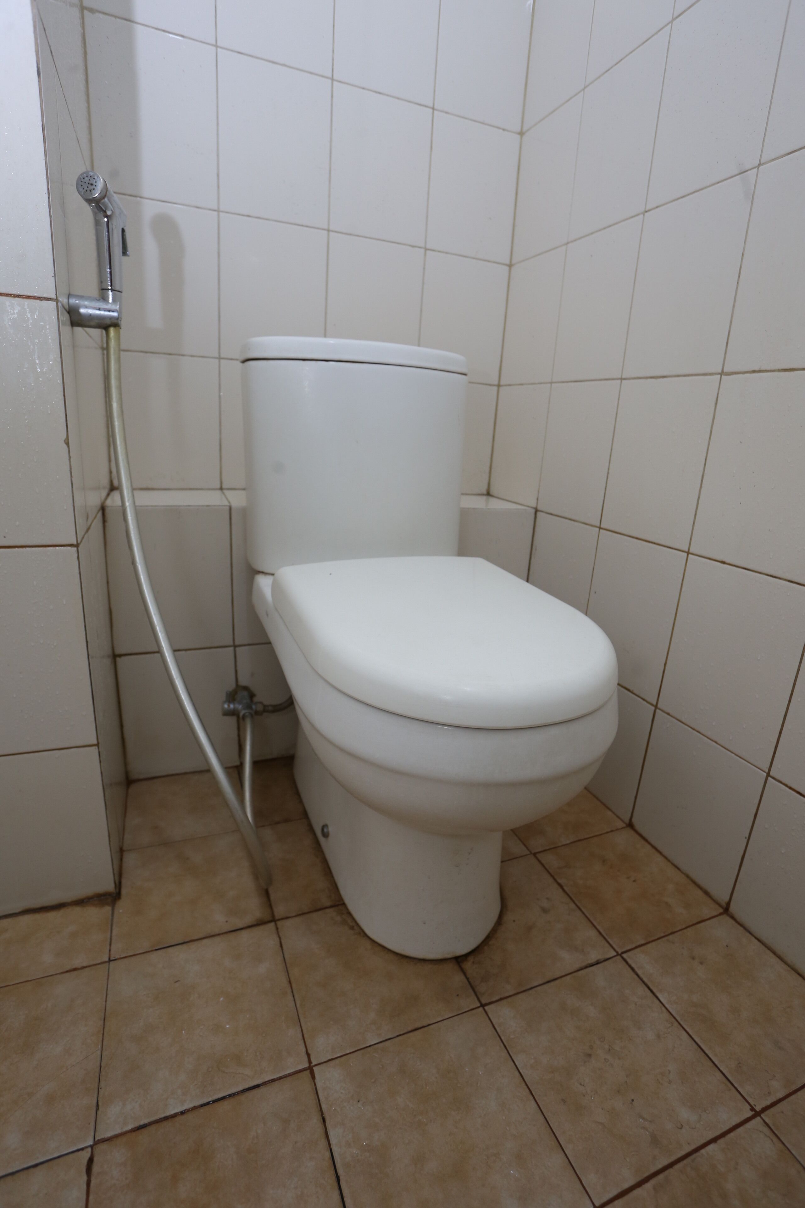 Een standaard wit toilet met een douchekop in een betegelde badkamer.