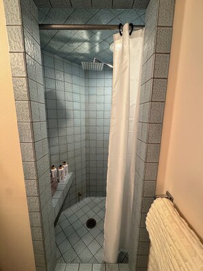 Douche, séchoir à cheveux, serviettes fournies, savon