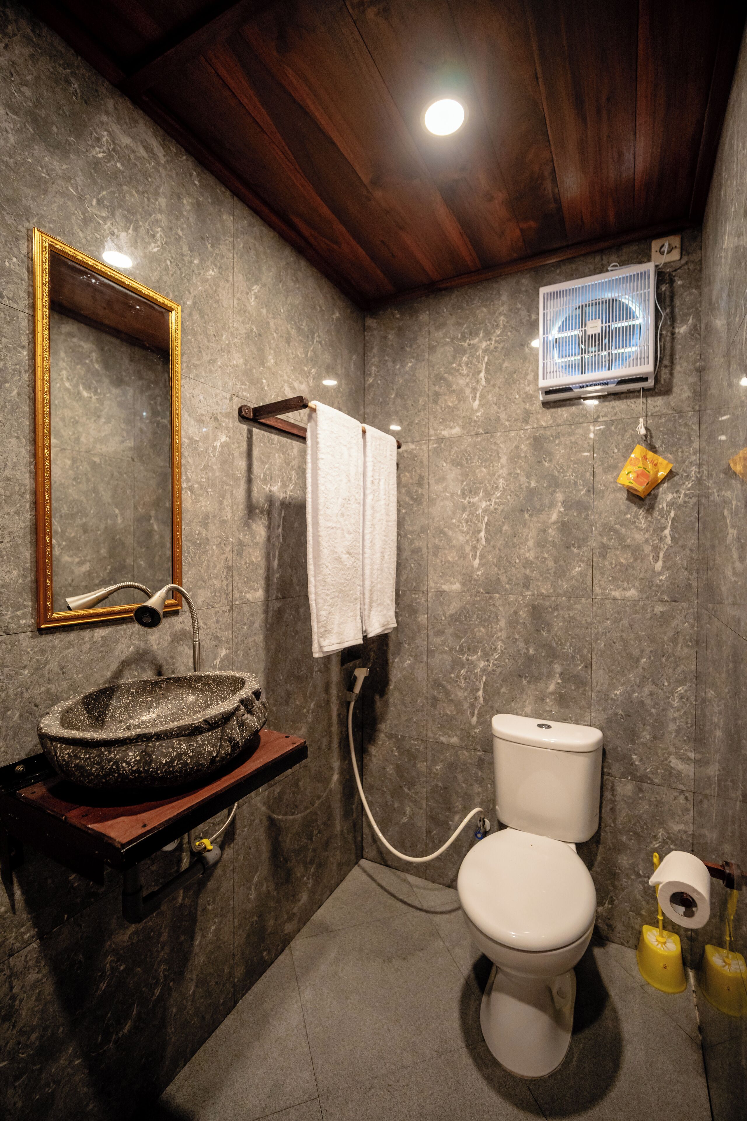 Une salle de bain avec un mur en marbre, un plafond en bois, un lavabo avec un receveur en pierre, des toilettes et un miroir avec un cadre doré.