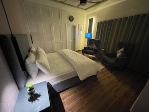 A hotel room with a bed, a small table with a plant, a chair, a TV, and a window with curtains. - Loft BnB F10 Guest House (Islamabad)