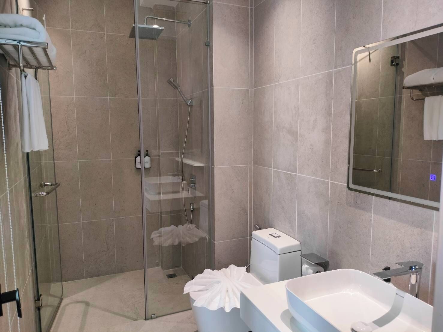 Une salle de bain moderne avec une douche à parois de verre, un lavabo blanc et un grand miroir.