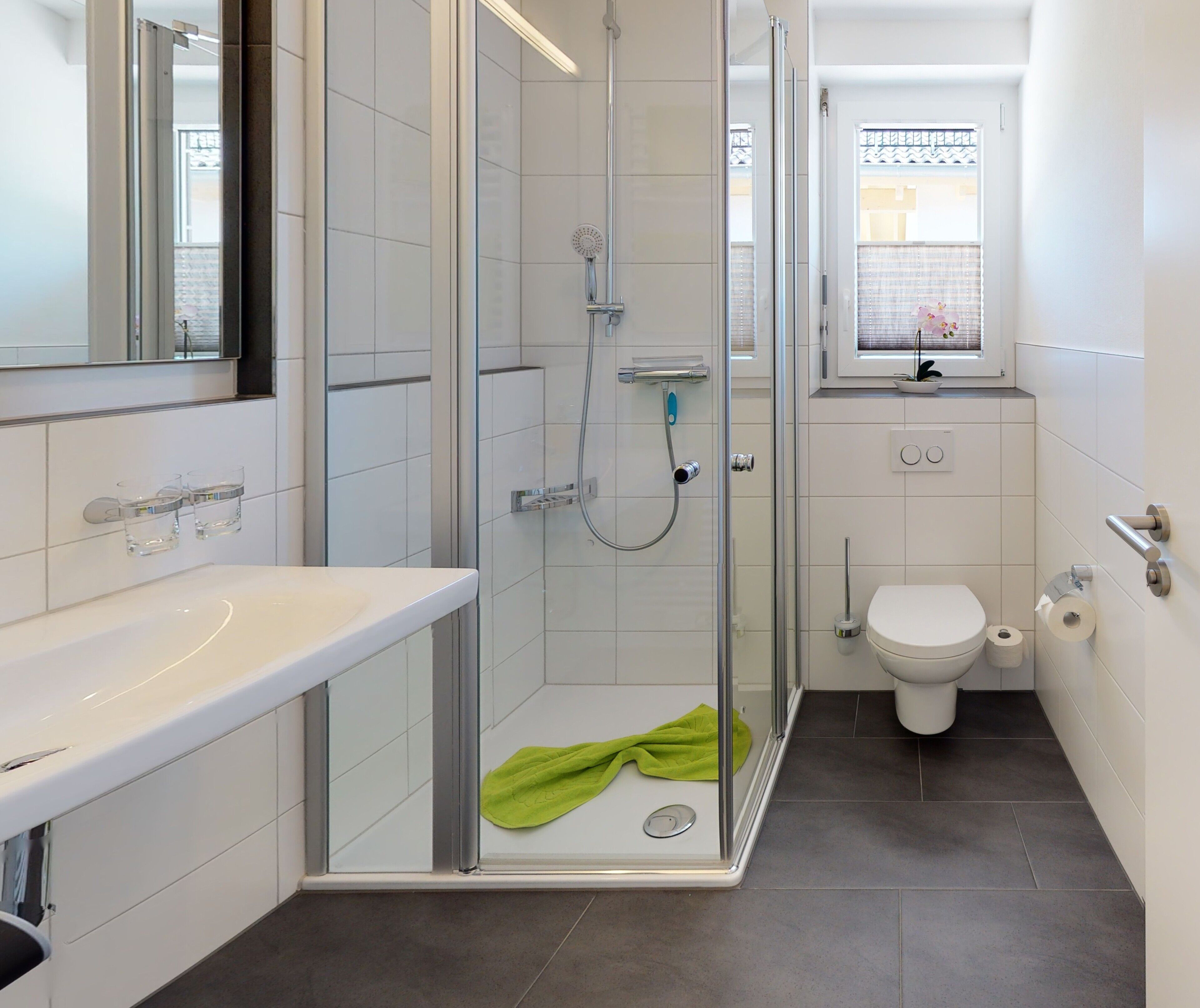 Een moderne badkamer met een douche met glazen wand, een wit toilet en een wastafel met spiegel erboven.