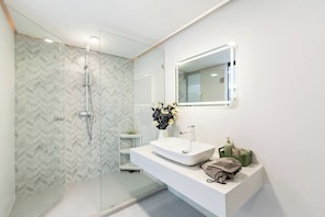 Shower, hair dryer, bidet, towels