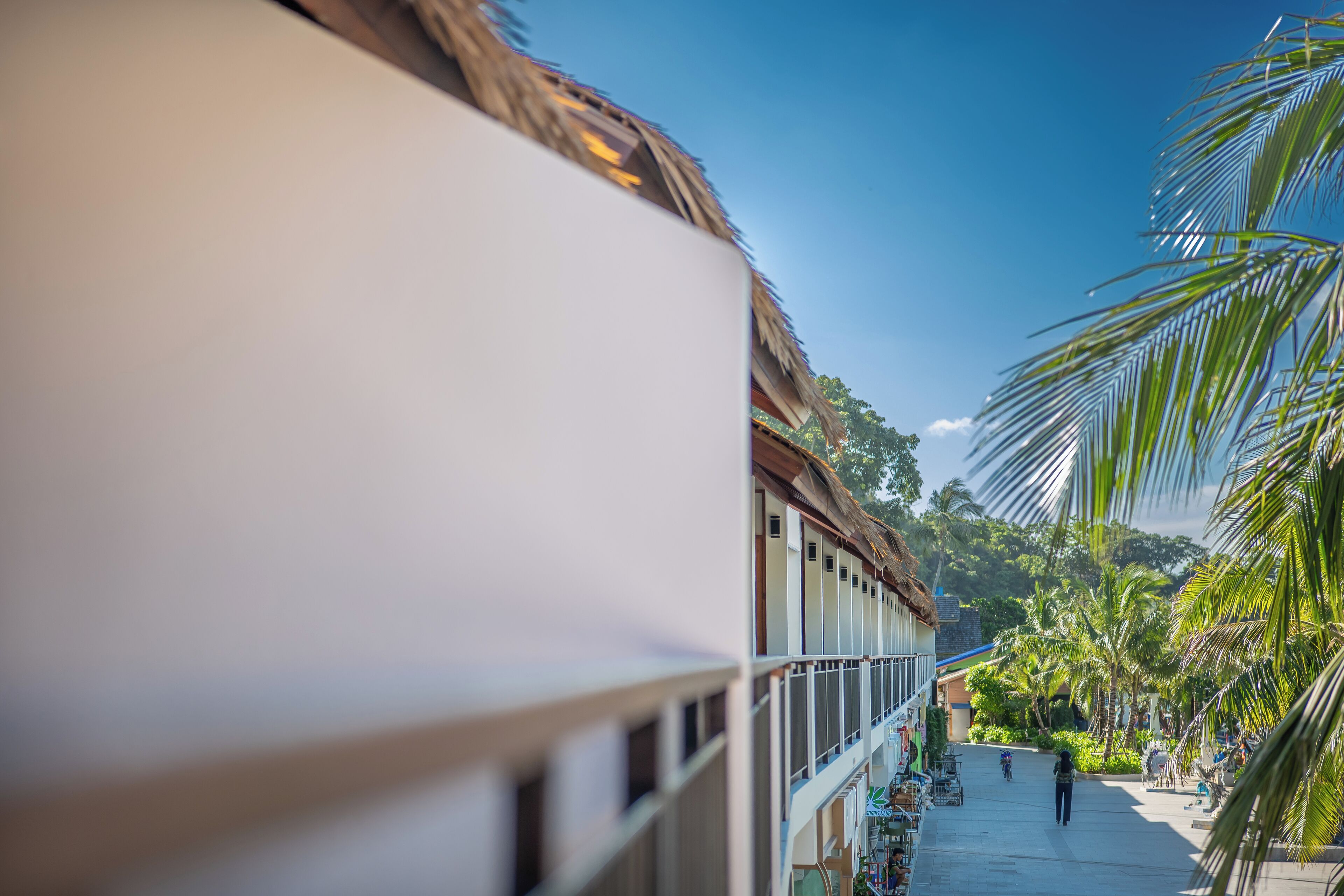 A street view with buildings, a clear sky, and palm trees.