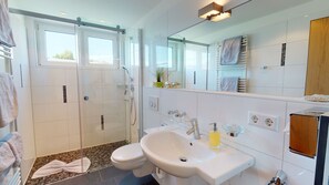 Shower, hair dryer, towels