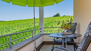 A balcony with a table, chairs, and a green umbrella. - Room '102' with Shared Garden, Balcony and Wi-Fi (Hagnau)