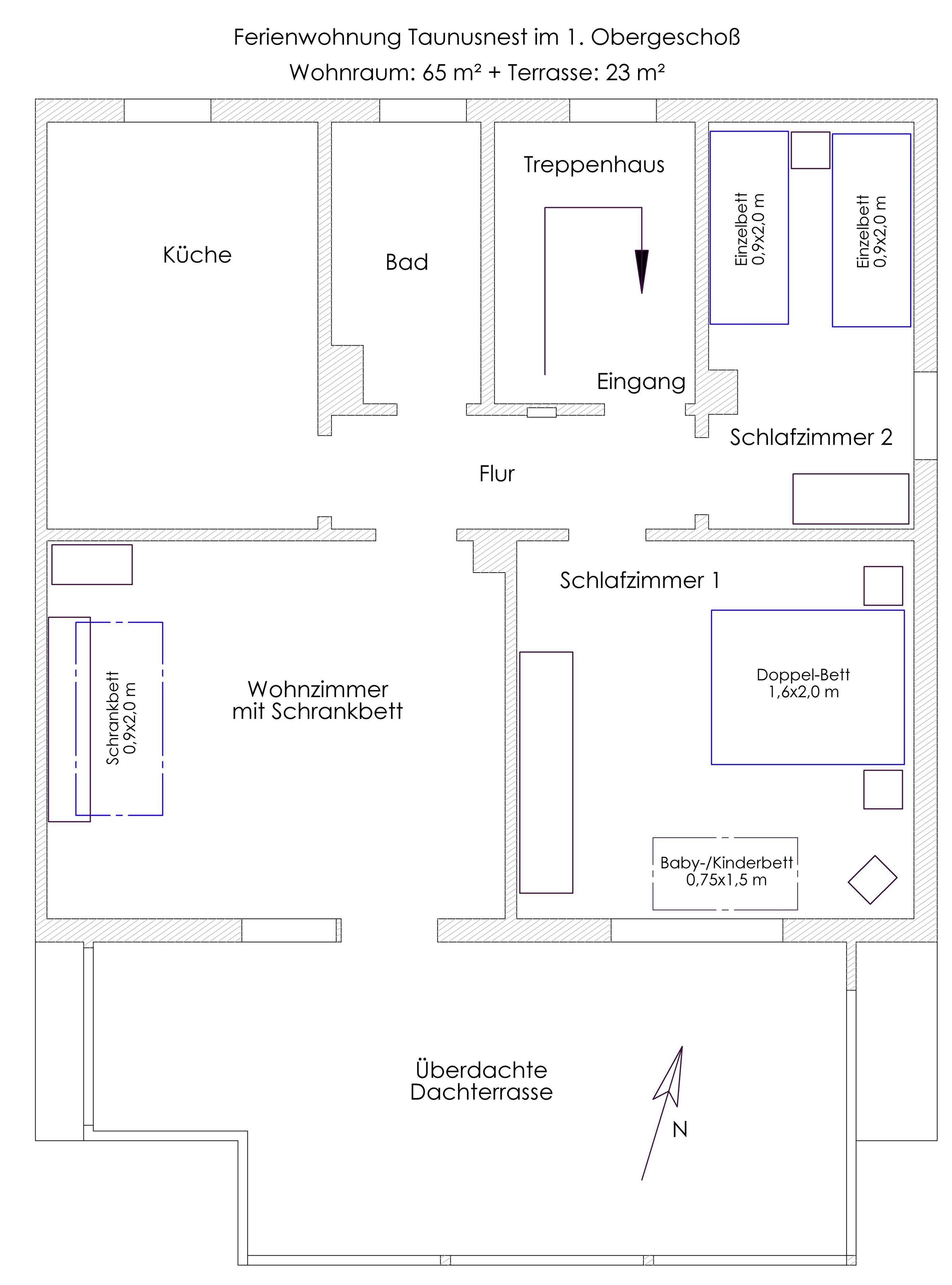 Pianta degli appartamenti Taunusnest con soggiorno, cucina, bagno e balcone.