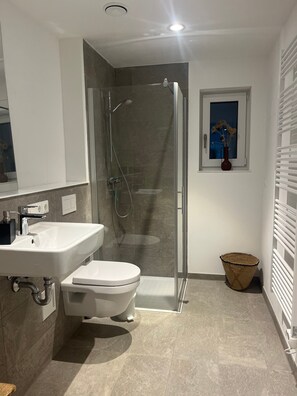 Shower, hair dryer, towels - Vacation apartment 'Feigental' in the countryside with terrace (Überlingen)