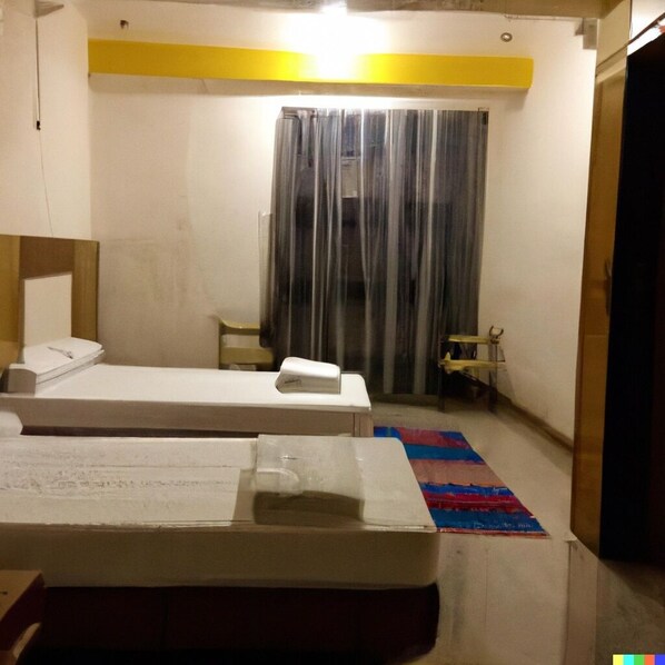 A hotel room with two beds, a small table, a chair, a window with curtains, and a colorful rug. - Giggler (Jamnagar)