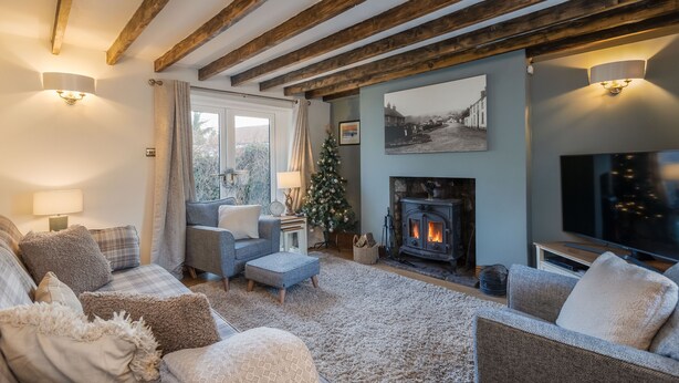 Un salon chaleureux avec une cheminée, un téléviseur et un sapin de Noël.