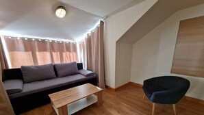A modern living room with a sofa, a wooden coffee table, and a dark armchair. - Apartment in Bad Kleinkirchheim near hiking (Bad Kleinkirchheim)