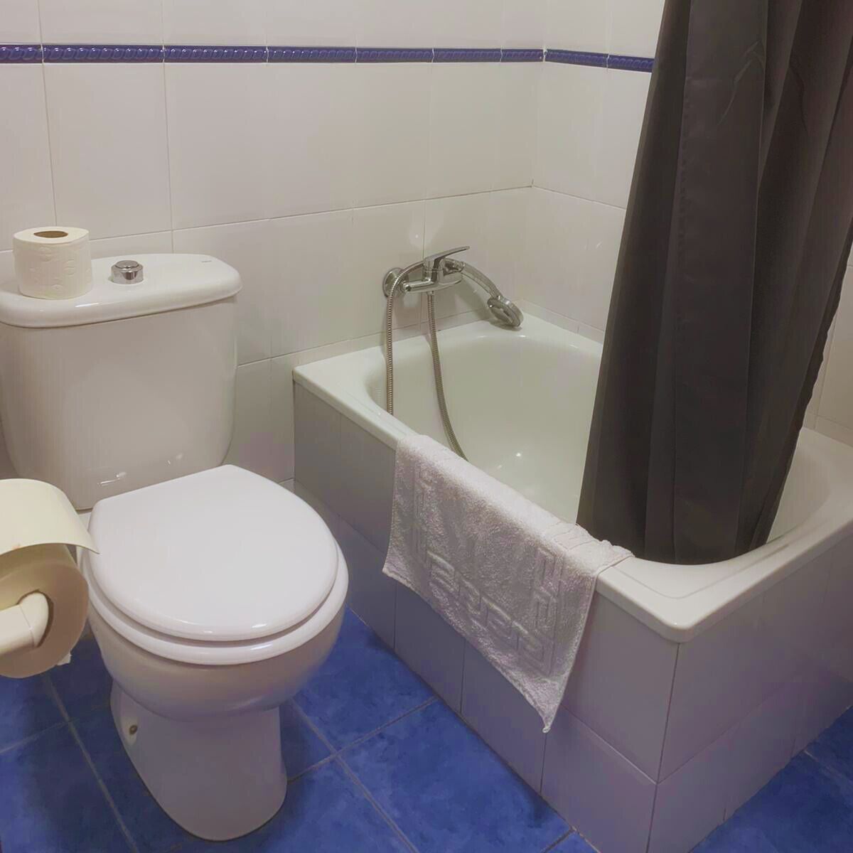 A bathroom with a toilet, a bathtub, and a shower curtain.