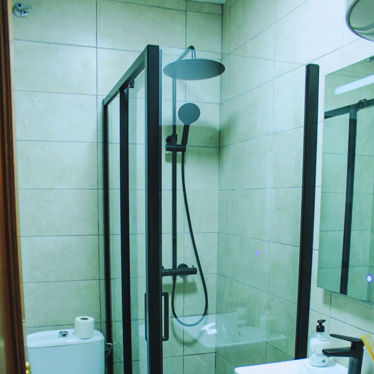 A bathroom with a glass-enclosed shower, a toilet, and a sink with a mirror.