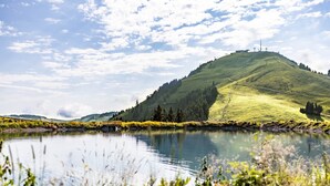 A serene lake with a hill in the background, surrounded by greenery and a clear sky.