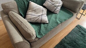 Vihreä, ruudullinen sohva, jossa on kaksi koristetyynyä ja samanvärinen heittopeitto.