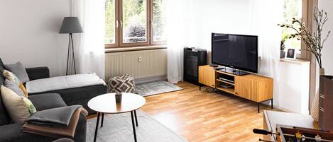 Älytelevisio, takka, DVD-soitin, pöytäjalkapallopöytä