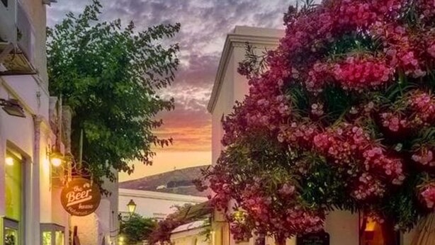 Une rue étroite avec des tables en terrasse, une enseigne indiquant « The Beer House », et un bâtiment orné de plantes grimpantes à fleurs roses.