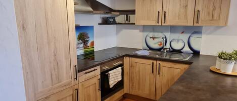 Fridge, oven, cookware/dishes/utensils