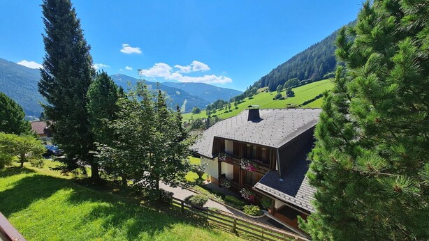 A house with a sloped roof, surrounded by green fields and mountains. - Cozy Apartment with mountain view (Bad Kleinkirchheim)