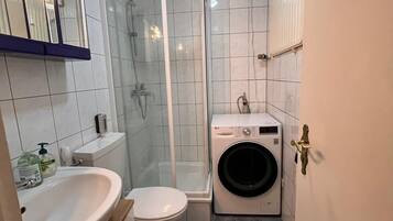 Hair dryer, towels, soap, toilet paper