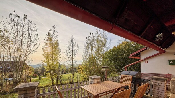 Une terrasse extérieure avec une table et des chaises en bois, un barbecue et une vue sur un jardin et des arbres.