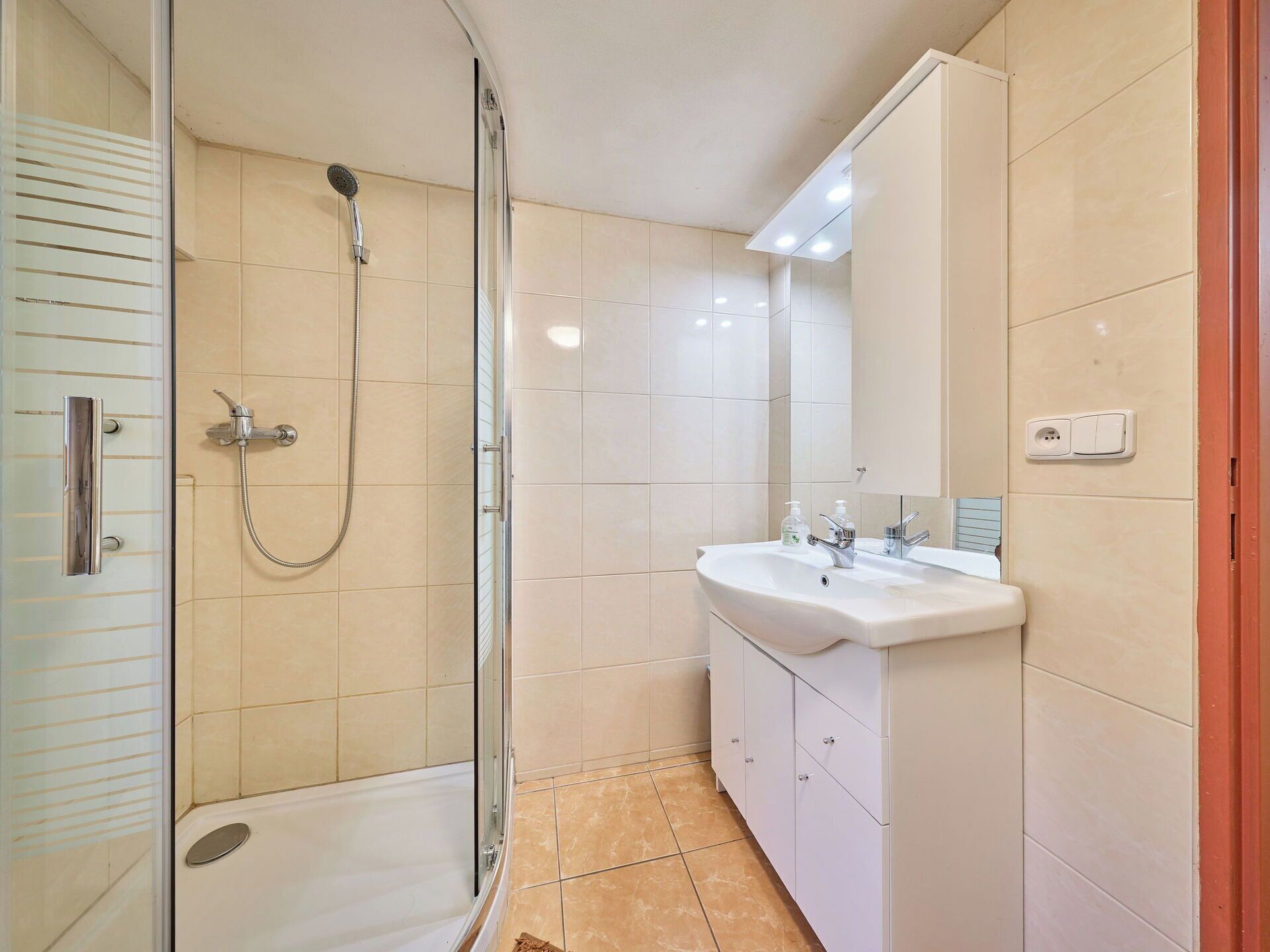 A modern bathroom with a glass-enclosed shower, a white sink, and a mirror above it.