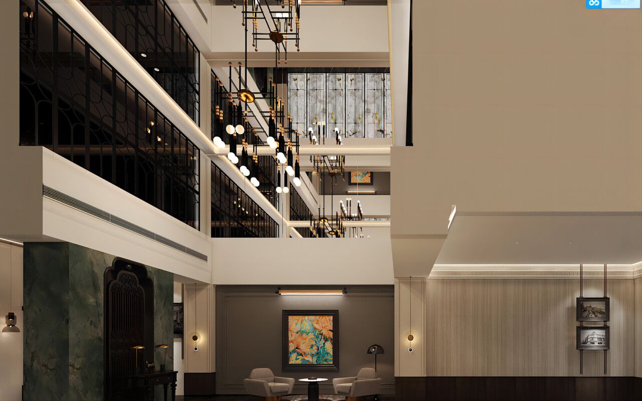 A multi-level interior with a staircase, seating area, and artwork.