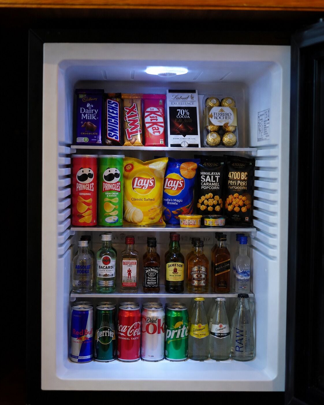 A refrigerator stocked with various food and drink items, including snacks, chocolates, and beverages.