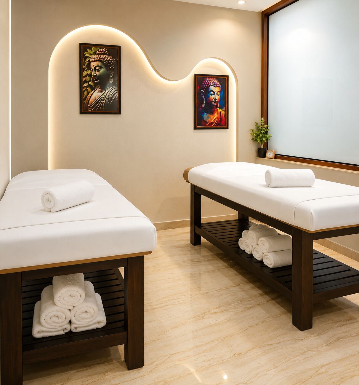 Une salle de spa équipée de deux tables de massage, d’une œuvre d’art accrochée au mur et d’une petite plante.