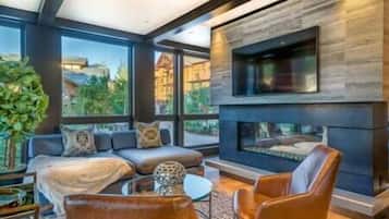 Televisión, chimenea, estéreo